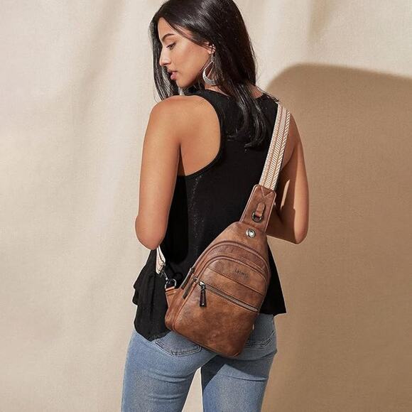 Brown Vegan Leather Sling Bag with Striped Strap – Travel Crossbody Pack - Picture 5 of 5